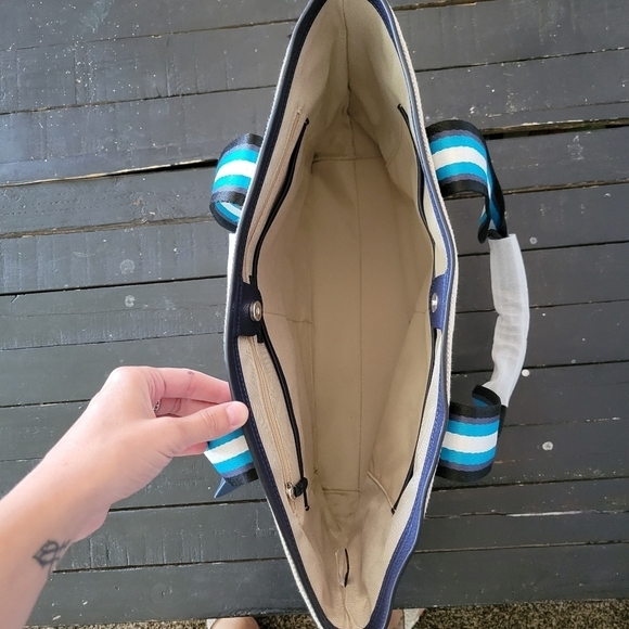 Cole Haan NWT Summer Canvas Tote Natural Navy Grand Series Leather Trim - Picture 8 of 12